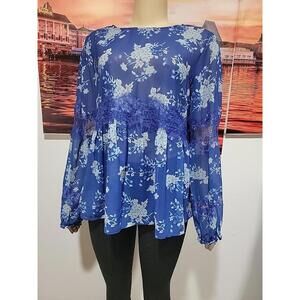 Curations Size L Blue Floral Chiffon Long Sleeve Blouse Lace Trim NWT # C